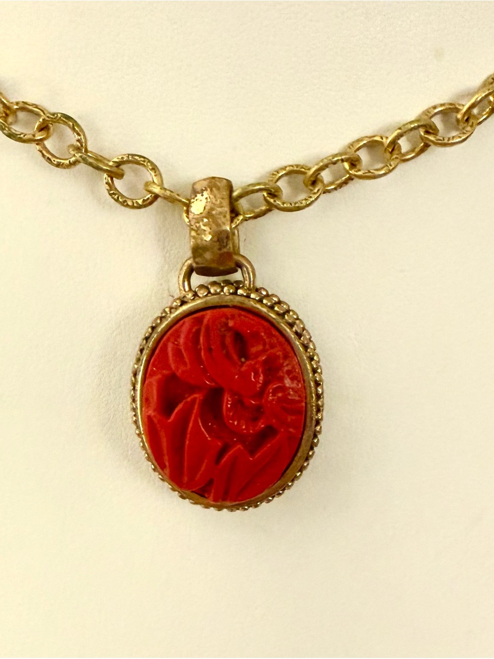 Barse S925 Gold Plated Sterling Silver Red Carved Floral Pendant Necklace
